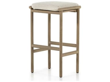 Four Hands Outdoor Solano Washed Brown Teak Bar Stool with Faye Sand Cushion FHO223078004