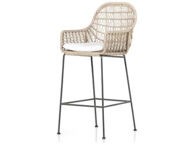 Four Hands Outdoor Grass Roots Vintage White / Grey Bronze Wrought Iron Bar Stool with Stinson White Cushion FHO230095001