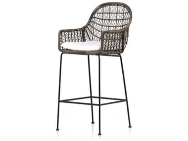 Four Hands Outdoor Grass Roots Natural Black / Distressed Grey Wrought Iron Bar Stool with Stinson White Cushion FHO230095003