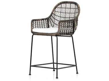 Four Hands Outdoor Grass Roots Natural Black / Distressed Grey Wrought Iron Counter Stool with Stinson White Cushion FHO230095004