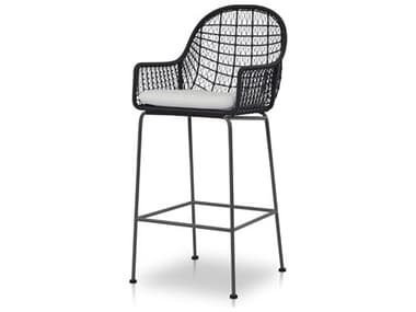 Four Hands Outdoor Grass Roots Smoke Black / Grey Bronze Bar Stool with Stinson White Cushion FHO230095005