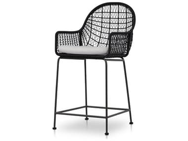 Four Hands Outdoor Grass Roots Smoke Black / Grey Bronze Counter Stool with Stinson White Cushion FHO230095006