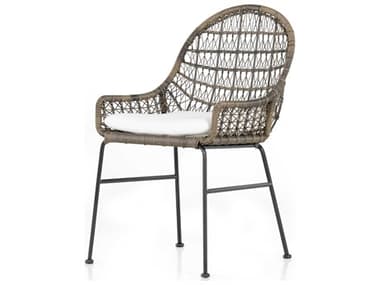 Four Hands Outdoor Grass Roots Natural Black / Distressed Grey Wrought Iron Dining Chair with Stinson White Cushion FHO232553001