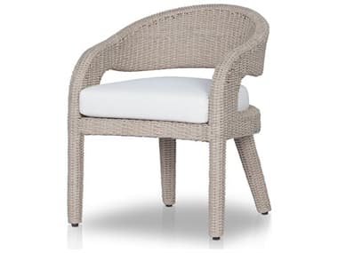 Four Hands Outdoor Providence Hawkins Vintage White Wicker Cushion Dining Arm  Chair in Faye Cream FHO237998005