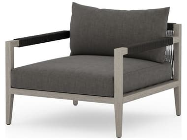 Four Hands Outdoor Solano Sherwood Weathered Grey Teak Cushion Lounge Chair in Charcoal FHOJSOL10001K562