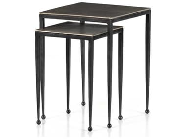 Four Hands Marlow Dalston Nesting 15" Square Metal Hammered Grey W clear Powder Coat Raw Antique Nickel End Tables FS101650002