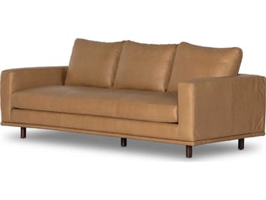 Four Hands Centrale Dom 87" Dark Aubrun Walnut Nantucket Taupe Brown Leather Upholstered Sofa FS102882021