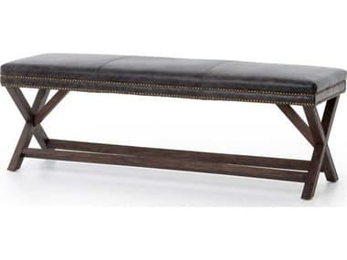 Four Hands Ashford 59" Warm Nettlewood Durango Smoke Brass Gray Leather Upholstered Accent Bench FS105658007