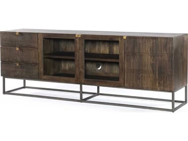 Four Hands Aiden Kelby 79" Mango Wood Gunmetal Aged Brass Carved Vintage Brown Media Console FS109097002