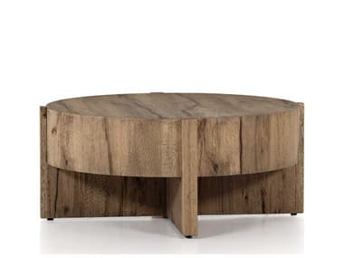 Four Hands Wesson Bingham 41" Round Wood Rustic Oak Veneer Coffee Table FS223619002