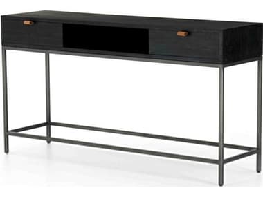 Four Hands Fulton Trey 55" Rectangular Wood Natural Iron Black Wash Poplar Toffee Leather Console Table FS223913002