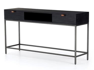 Four Hands Fulton Trey Rectangular Wood Natural Iron Black Wash Poplar Toffee Leather Console Table FS223913002