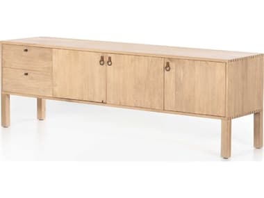Four Hands Fulton Isador 80" Poplar Wood Dry Wash Natural Iron Toffee Leather Media Console FS223975001