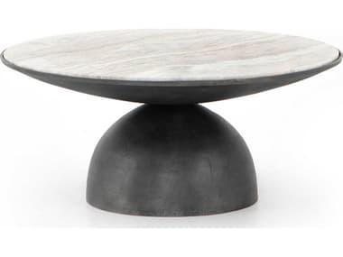 Four Hands Marlow Corbett 35" Round Creamy Taupe Marble Hammered Grey Coffee Table FS224138001