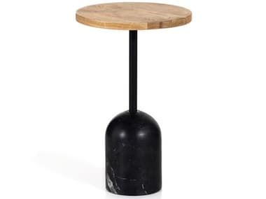 Four Hands Rockwell Fay 14" Round Wood Black Marble Dark Kettle Natural Oak End Table FS226157002