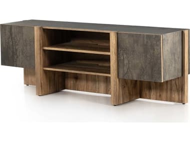 Four Hands Wesson Black Plywood / Distressed Iron Rustic Oak Veneer TV Stand FS228926001