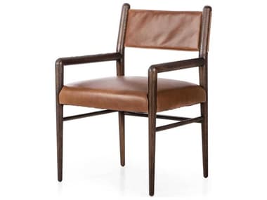 Four Hands Caswell Morena Leather Oak Wood Brown Upholstered Arm Dining Chair FS235992002