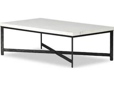 Four Hands Element 54" Rectangular White Marble Hammered Black Iron Coffee Table FS236010002