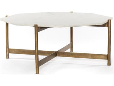 Four Hands Marlow Adair 39" Octagon Raw Brass Polished White Marble Coffee Table FSIMAR179A