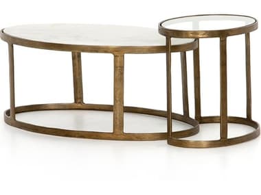 Four Hands Marlow Calder Nesting 38" Oval Raw Brass Tempered Glass Polished White Marble Coffee Table FSIMAR217A