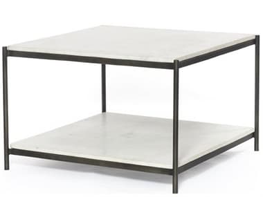 Four Hands Marlow Felix 25" Square Hammered Grey W clear Powder Coat Polished White Marble Coffee Table FSIMAR239A
