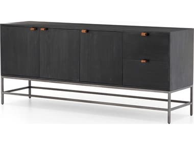 Four Hands Fulton Trey 72'' Solid Wood Natural Iron Black Wash Poplar Toffee Leather Sideboard FSUFUL037A