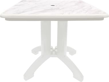 Grosfillex Aquaba Resin White/White Marble 32'' Square Dining Table with Umbrella Hole GXUS744004
