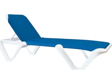 Grosfillex Nautical Pro Sling Resin White Stacking Adjustable Chaise Lounge in Blue GXUS891104