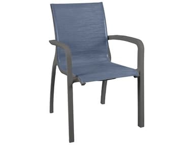 Grosfillex Sunset Sling Aluminum Volcanic Black Stacking Dining Arm Chair in Madras Blue GXUT070288
