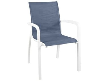 Grosfillex Sunset Sling Aluminum Resin Glacier White Stackable Dining Arm Chair in Mandras Blue GXUT700096