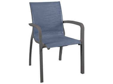 Grosfillex Sunset Sling Aluminum Resin Volcanic Black Stackable Dining Arm Chair in Mandras Blue GXUT700288