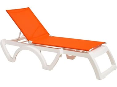 Grosfillex Jamaica Beach Sling Resin White Adjustable Chaise Lounge in Orange GXUT747019