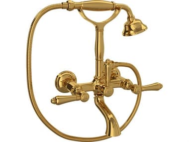 Rohl Italian Bath Exposed Wall Mounted Tub Shower Mixer In Unlacquered Brass With Handshower  HORA1401LMULB