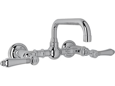 Rohl Acqui talian Bath Vocca Wall Mounted Bridge Lavatory Faucet In Polished Chrome With Metal Levers And High Swinging Spout HORA1423LMAPC2