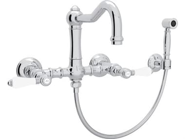 Rohl Acqui Italian Kitchen Wall Mounted Bridge Faucet with Sidespray Porcelain Levers and Swiveling Column Spout in Polished Chrome HORA1456LPWSAPC2
