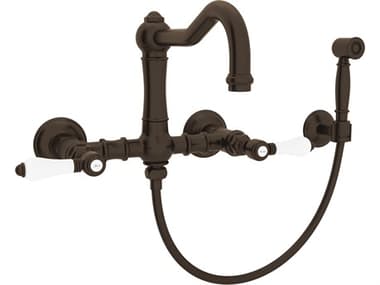 Rohl Acqui Italian Kitchen Wall Mounted Bridge Faucet With Sidespray Porcelain Levers And Swiveling Column Spout In Tuscan Brass HORA1456LPWSTCB2