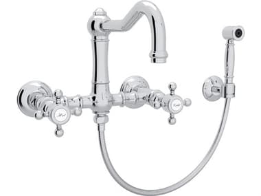 Rohl Acqui Italian Kitchen Wall Mounted Bridge Faucet With Sidespray Cross Handles And Swiveling Column Spout In Polished Chrome HORA1456XMWSAPC2