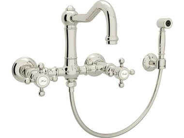 Rohl Acqui Italian Kitchen Wall Mounted Bridge Faucet With Sidespray Cross Handles And Swiveling Column Spout In Polished Nickel HORA1456XMWSPN2