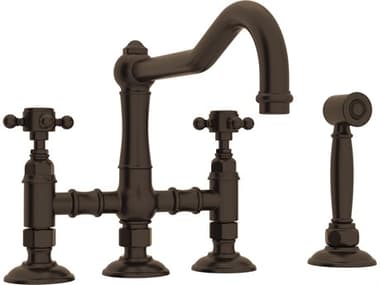 Rohl Acqui Italian Kitchen Three Leg Bridge Faucet With Cross Handles Sidespray And 9 Reach Column Spout In Tuscan Brass HORA1458XMWSTCB2