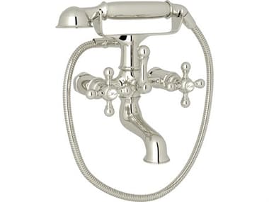 Rohl Arcana Cisal Exposed Tub Filler Mixer Without Unions In Polished Nickel With Handles And Metal Handshower With Hose HORAC7XPN