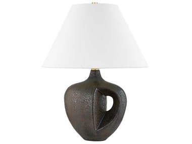 Hudson Valley Avenel Aged Brass Ceramic Reactive Bronze White Linen Table Lamp HVL7124AGBC07