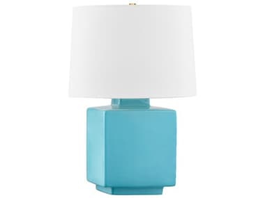 Hudson Valley Hawley Aged Brass Ceramic Gloss Turquoise White Linen Blue Table Lamp HVL8821AGBCTQ