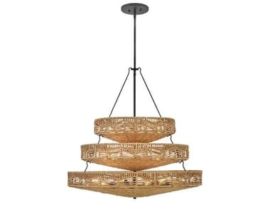Hinkley Ophelia 30" 13-Light Black Natural Shade Brown LED Tiered Pendant HY42308BKNRF