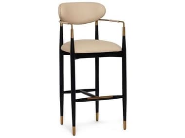 Interlude Home Cidra Matte Black Satin Brass Cream Latte Faux Leather Ash Wood Bar Stool IL145325