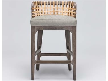 Interlude Home Palms Fabric Upholstered Mahogany Wood Grey Ceruse Natural Rattan Tint Counter Stool ILW149965100