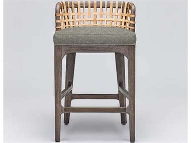 Interlude Home Palms Fabric Upholstered Mahogany Wood Grey Ceruse Natural Rattan Moss Counter Stool ILW149965101