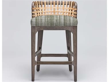Interlude Home Palms Fabric Upholstered Mahogany Wood Grey Ceruse Natural Rattan Sage Counter Stool ILW149965104