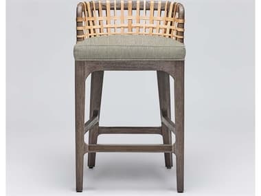 Interlude Home Palms Fabric Upholstered Mahogany Wood Grey Ceruse Natural Rattan Straw Counter Stool ILW149965108
