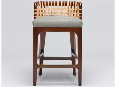 Interlude Home Palms Fabric Upholstered Mahogany Wood Chestnut Natural Rattan Dark Antique Brass Tint Counter Stool ILW149966100