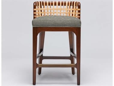 Interlude Home Palms Fabric Upholstered Mahogany Wood Chestnut Natural Rattan Dark Antique Brass Moss Counter Stool ILW149966101